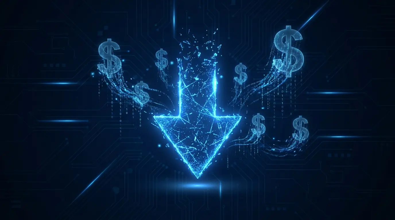 Abstract visualization of AI-driven cost reduction showing downward arrow made of digital particles representing operational savings
