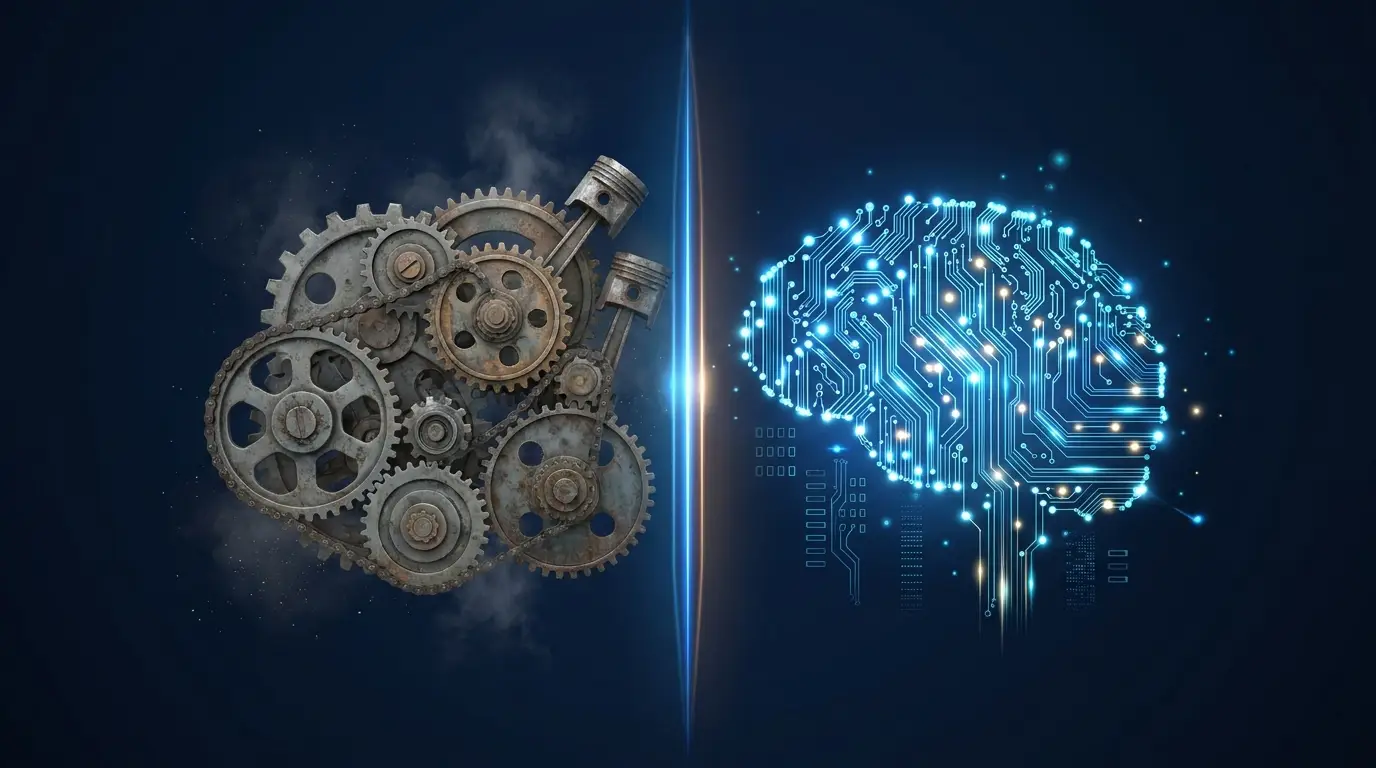 Split visualization comparing traditional automation with mechanical gears versus AI automation with glowing neural network