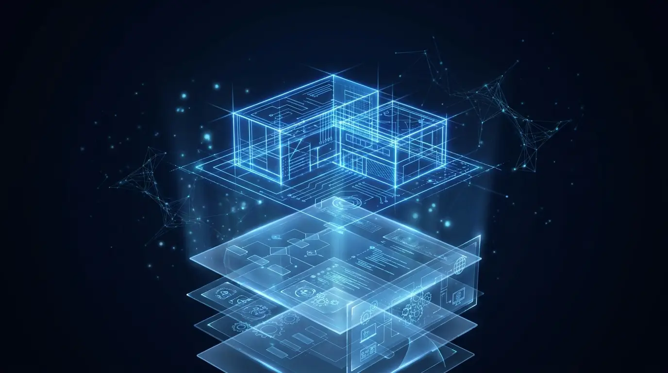 Holographic blueprint of layered AI-first enterprise architecture with transparent workflow panels stacking upward